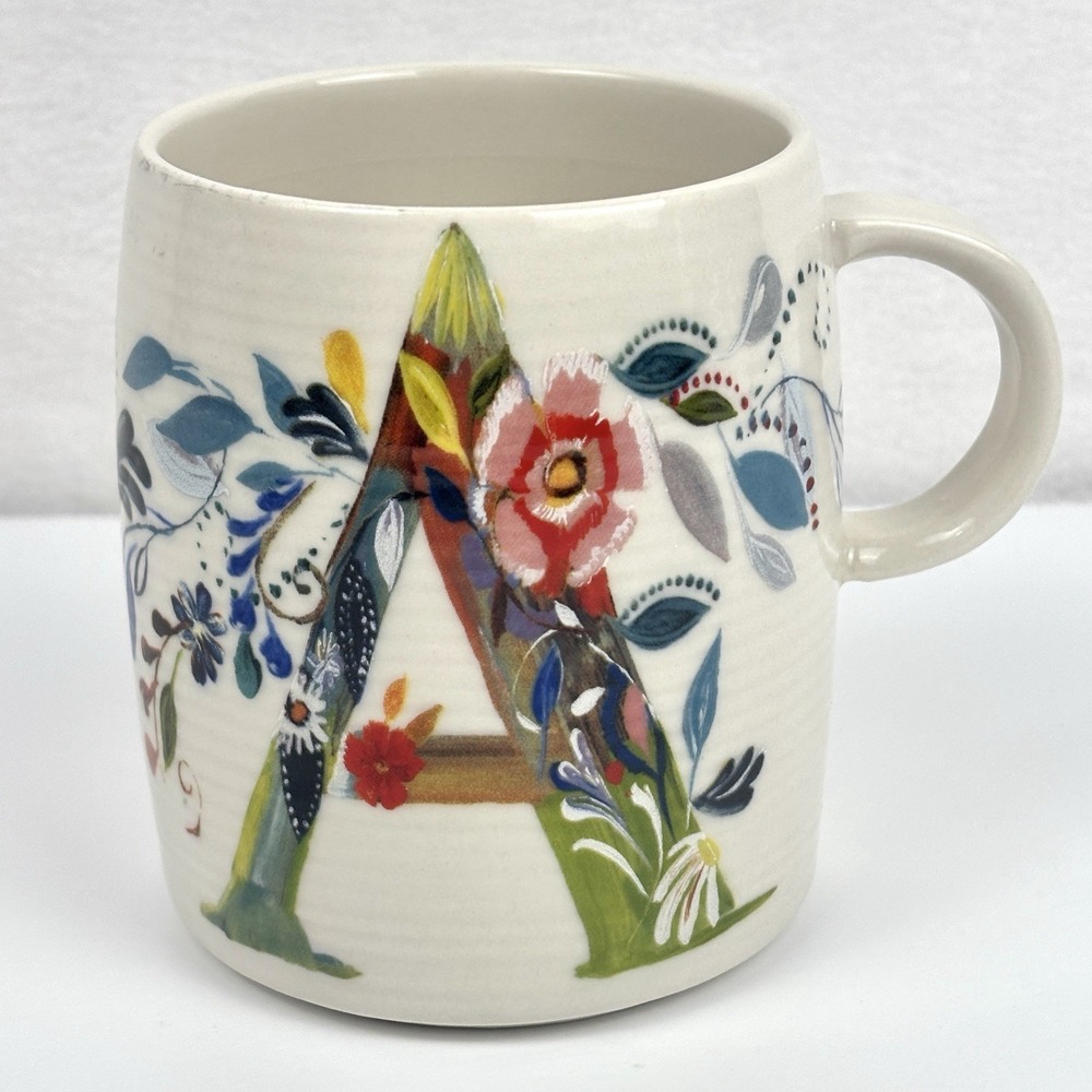 Anthropologie Starla M Halfmann Monogram Letter A Floral Ceramic Coffee Mug 4in